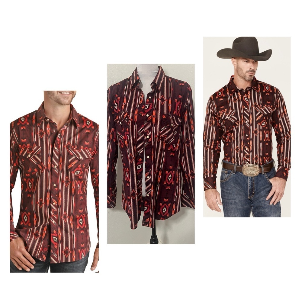 Rock&Roll Denim Men Medium Modern Fit Burgundy Aztec Print Snap Button Shirt EUC